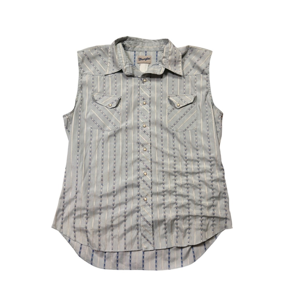 Vintage 70s Wrangler Sleeveless Western Snap Shirt Blue Stripe Pearl Snap Top
